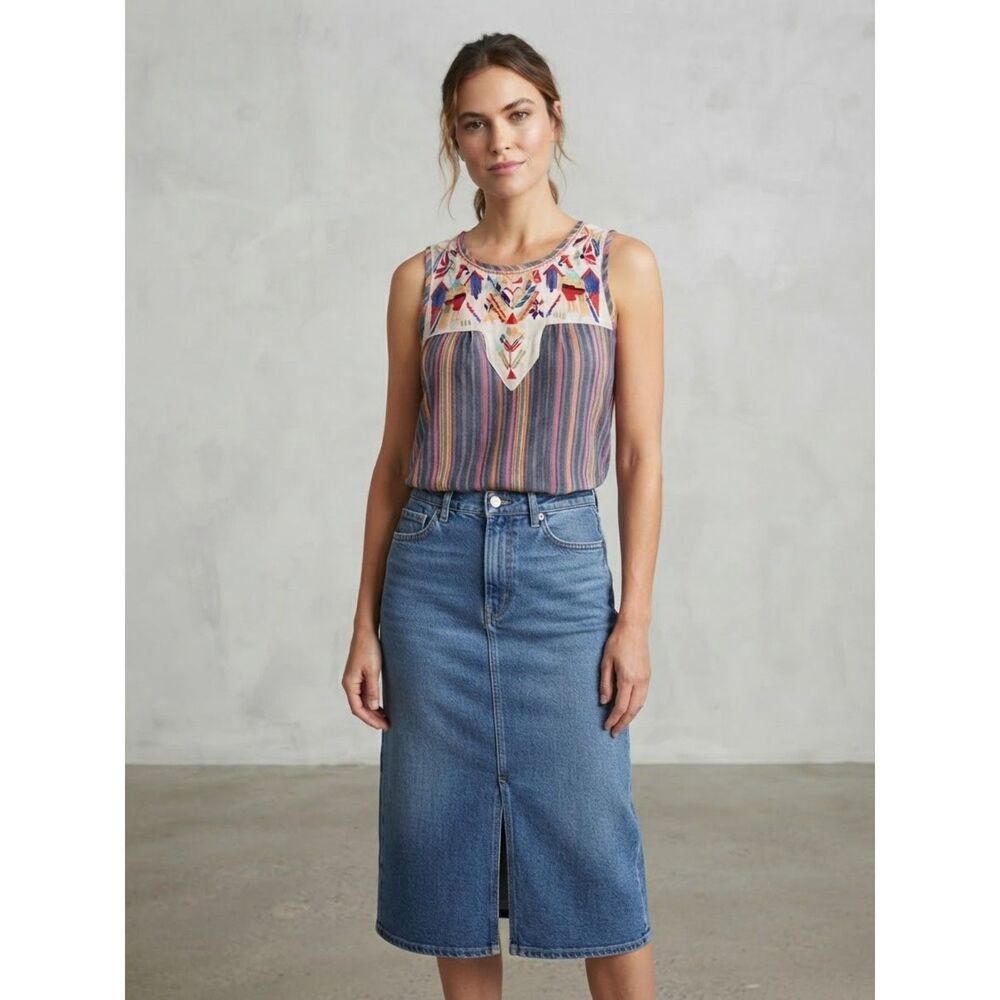 THML Embroidered Stripe Boho Festival Coastal Cowgirl Sleeveless Blouse Small